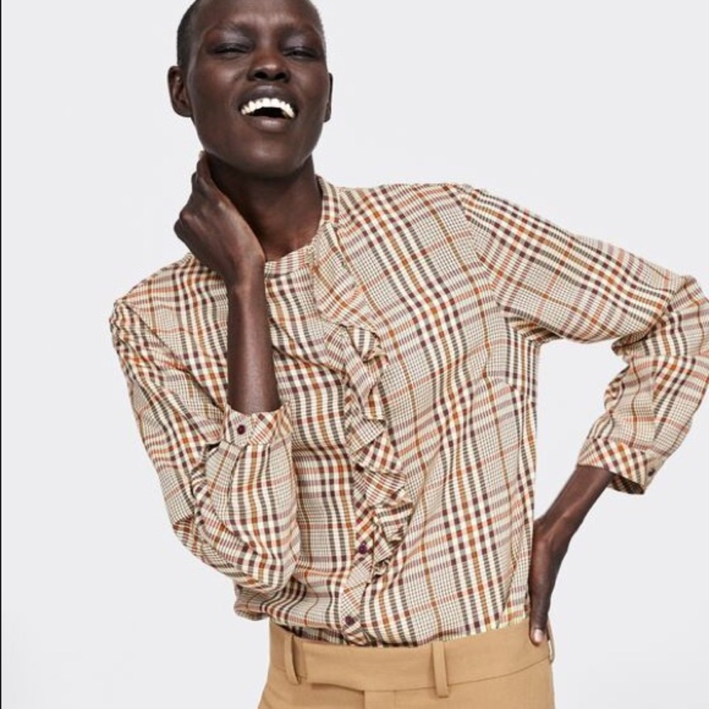 ZARA Checked Blouse with Ruffle Trim Size Small